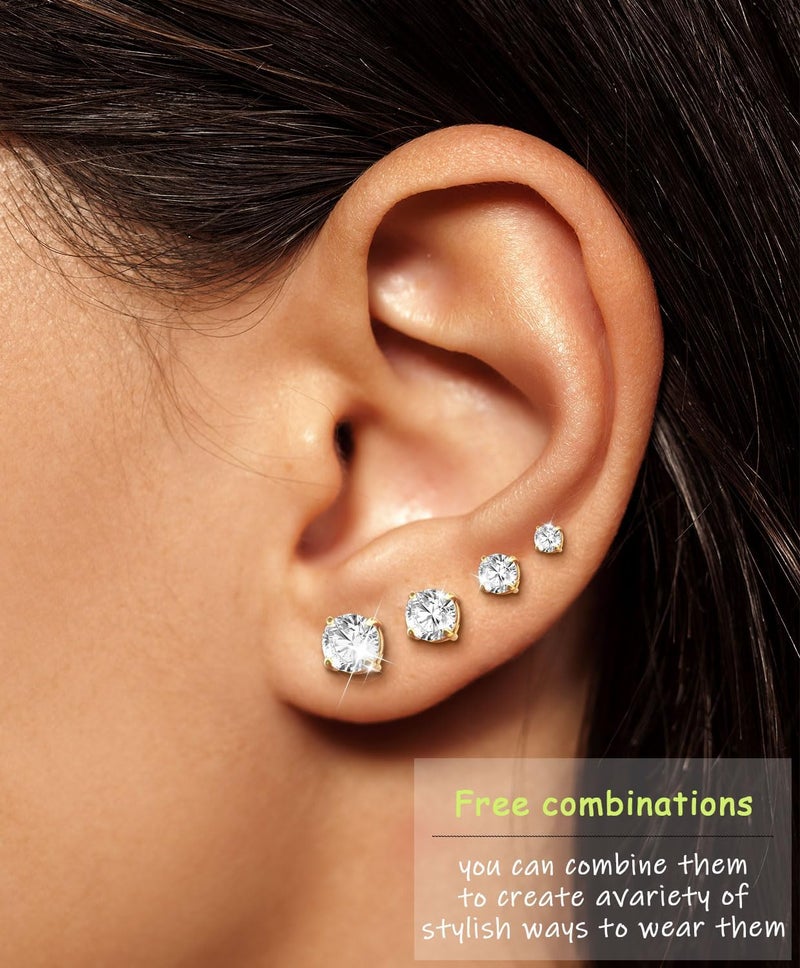 AMASIS Stud Earrings for Women Men, Hypoallergenic Women's 14K Gold Plated 316L Stainless Steel CZ Studs Earrings Simulated Diamond Round Cubic Zirconia Ear Stud Set - Image 2